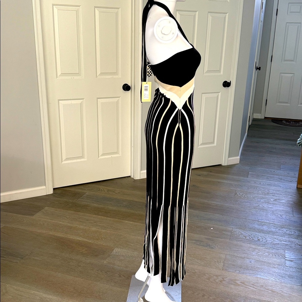 Ramy Brook Campbell Panel Fringe Black, White, Beige Stripe Knit Halter Dress XS - Picture 10 of 14